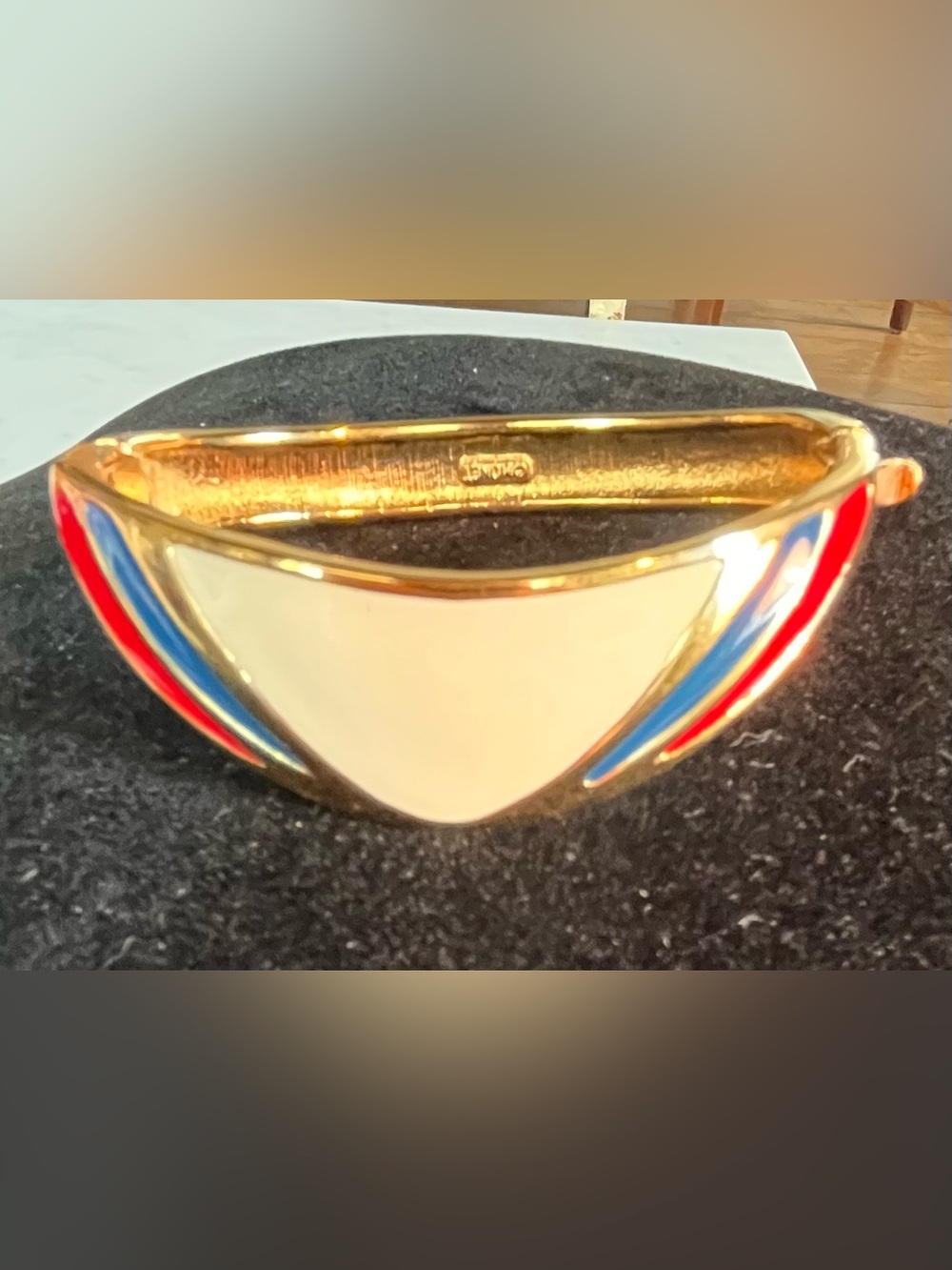 Vintage Signed Monet Gold Tone Ivory Red & Blue Enamel Hinged Bangle Bracelet